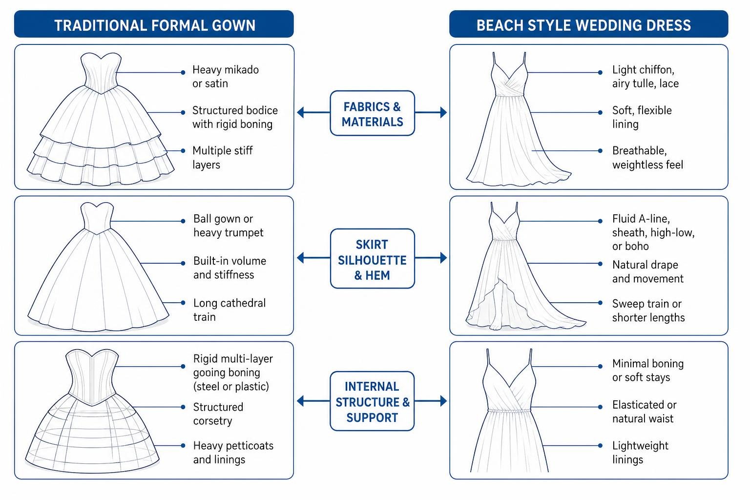 Comparison diagram showing heavy formal ballroom gown design versus lightweight flowy beach wedding dress structure